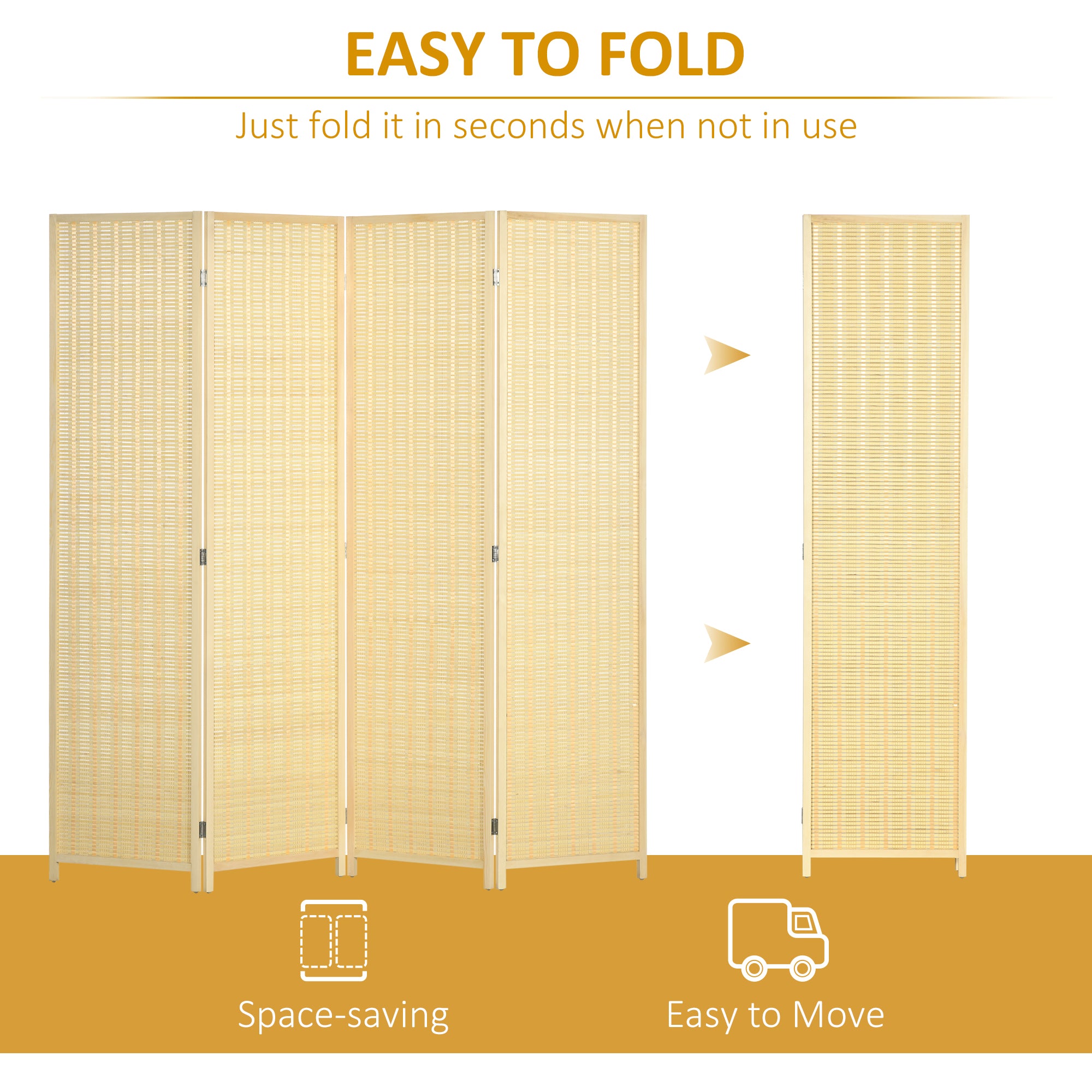 HOMCOM 4 Panel Folding Room Divider Screen, Wall Panel Privacy Furniture, Freestanding Paravent Partition Separator for Living Room, Bedroom and Office, 180 x 180cm, Natural 