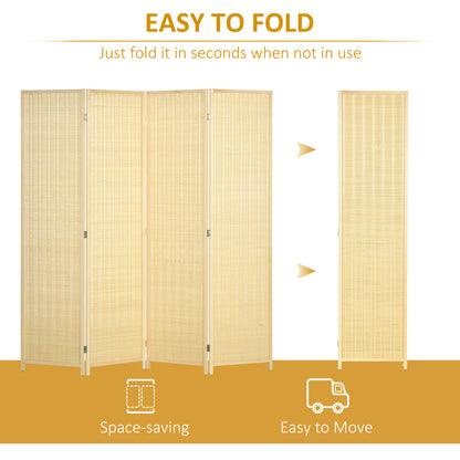 HOMCOM 4 Panel Folding Room Divider Screen, Wall Panel Privacy Furniture, Freestanding Paravent Partition Separator for Living Room, Bedroom and Office, 180 x 180cm, Natural 