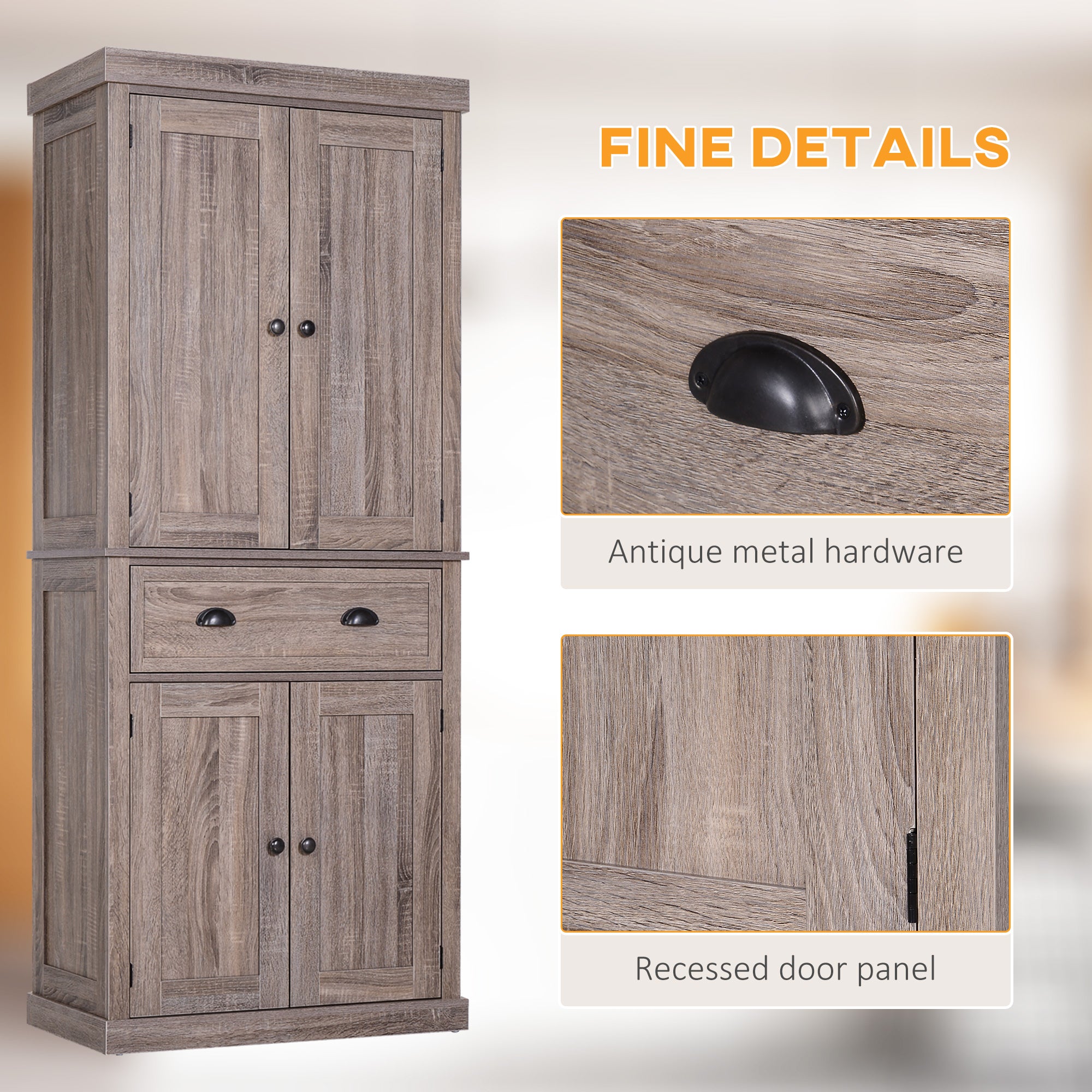 HOMCOM Freestanding Kitchen Cupboard, 184cm Tall Storage Cabinet with Doors and Shelves, Traditional Colonial 4-Door Kitchen Pantry Cupboard with Drawer, Dark Wood Grain 