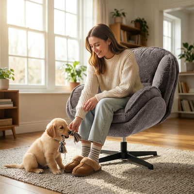 HOMCOM Modern Wingback Accent Chair, Velvet Armchair with Four-Star Base, S-Springs, Swivel, Grey 