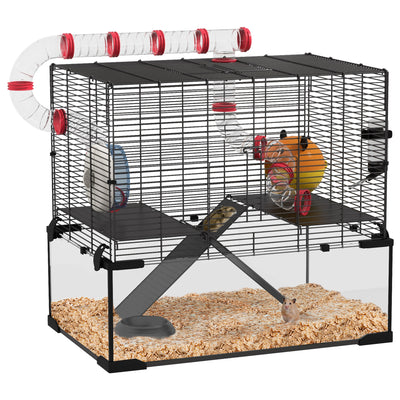 PawHut Gerbil Cage Dwarf Hamster Cage, with Deep Glass Bottom, Tunnels, Hut, Exercise Wheel, 60 x 40 x 57cm 