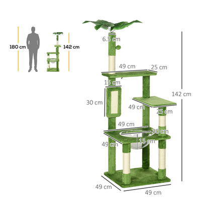 PawHut 142cm Cat Tree Tower, with Scratching Post, Hammock, Toy Ball, Platforms - Green 