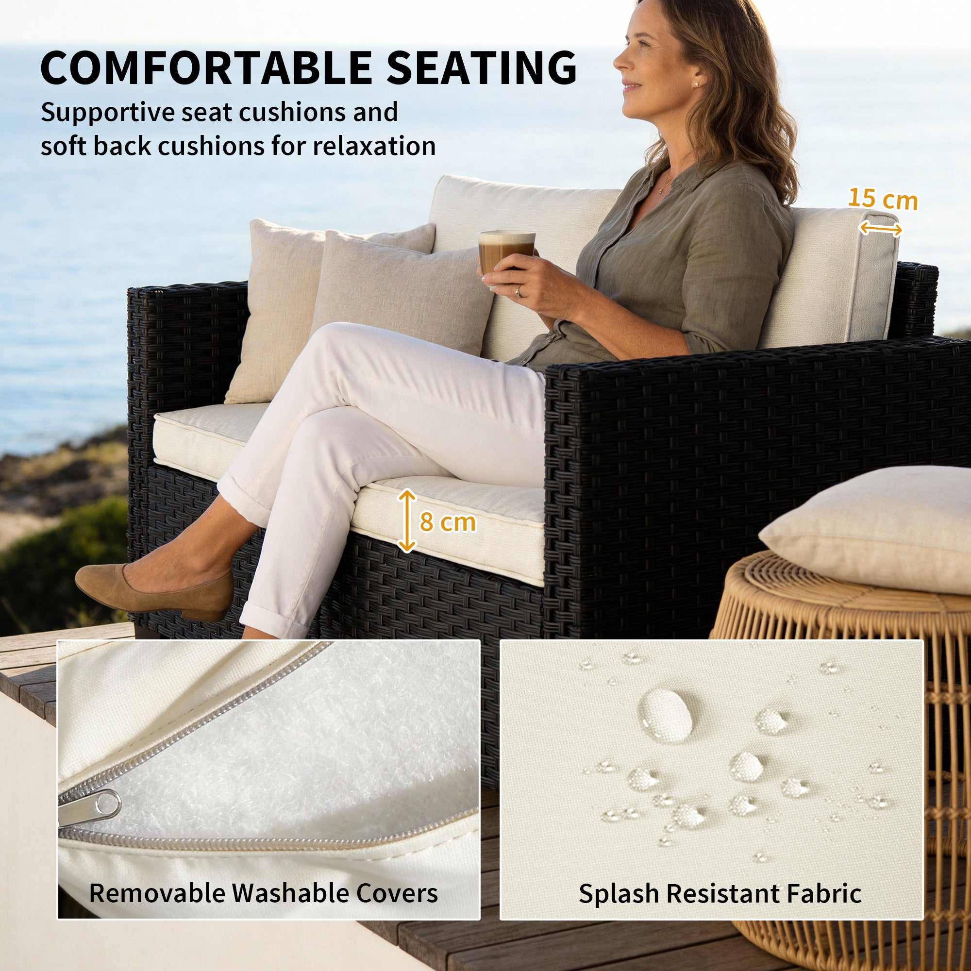 Outsunny 2 Seater Rattan Sofa, Outdoor Garden Sofa with Deep Seat, Cushions, Wide Armrests for Patio, Balcony, Porch, Black 