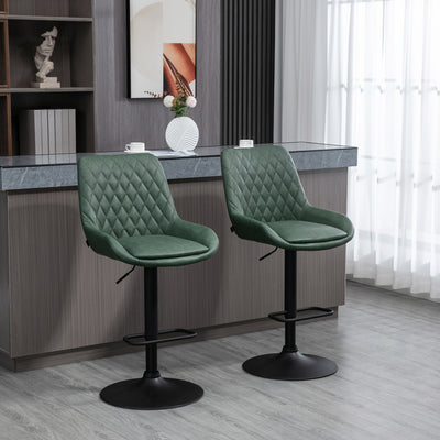 HOMCOM Retro Bar Stools Set of 2, Adjustable Kitchen Stool, Upholstered Bar Chairs with Back, Swivel Seat, Green 
