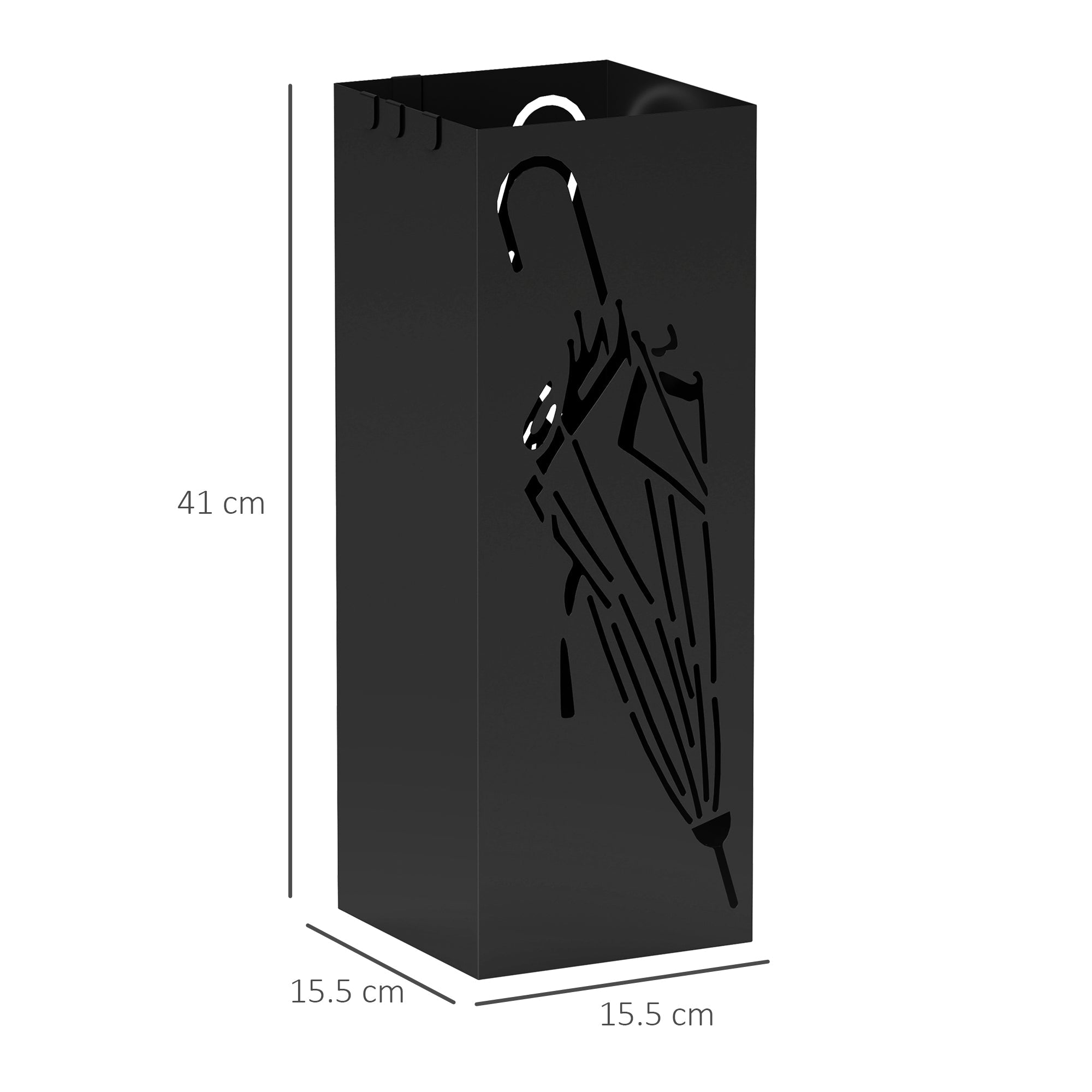 HOMCOM Metal Umbrella Stand, Square Umbrella Holder with 4 Hooks and Removable Drip Tray, Decorative Umbrella Storage Rack for Entryway, Hallway, 15.5 x 15.5 x 41 cm, Black 