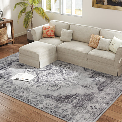 HOMCOM Vintage Area Rug, Non-Slip Washable Rug, Flannel Floor Carpet for Living Room, Bedroom, Dining Room, Home Office, 290 x 200 cm, Grey 