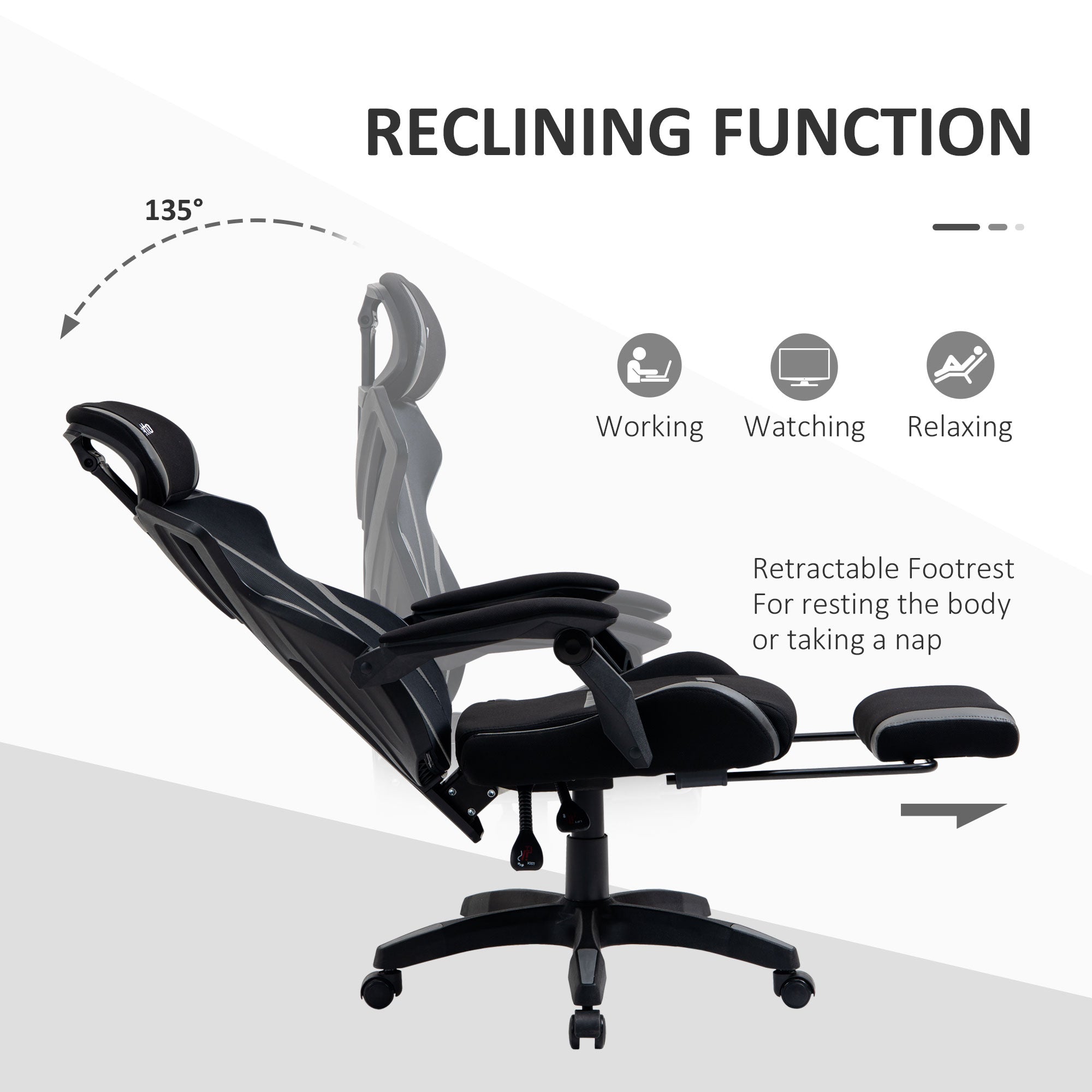 Vinsetto Mesh Office Chair Desk Task Computer Recliner with Footrest, Lumbar Back Support, Swivel Wheels, Adjustable Height for Home, Black Grey 