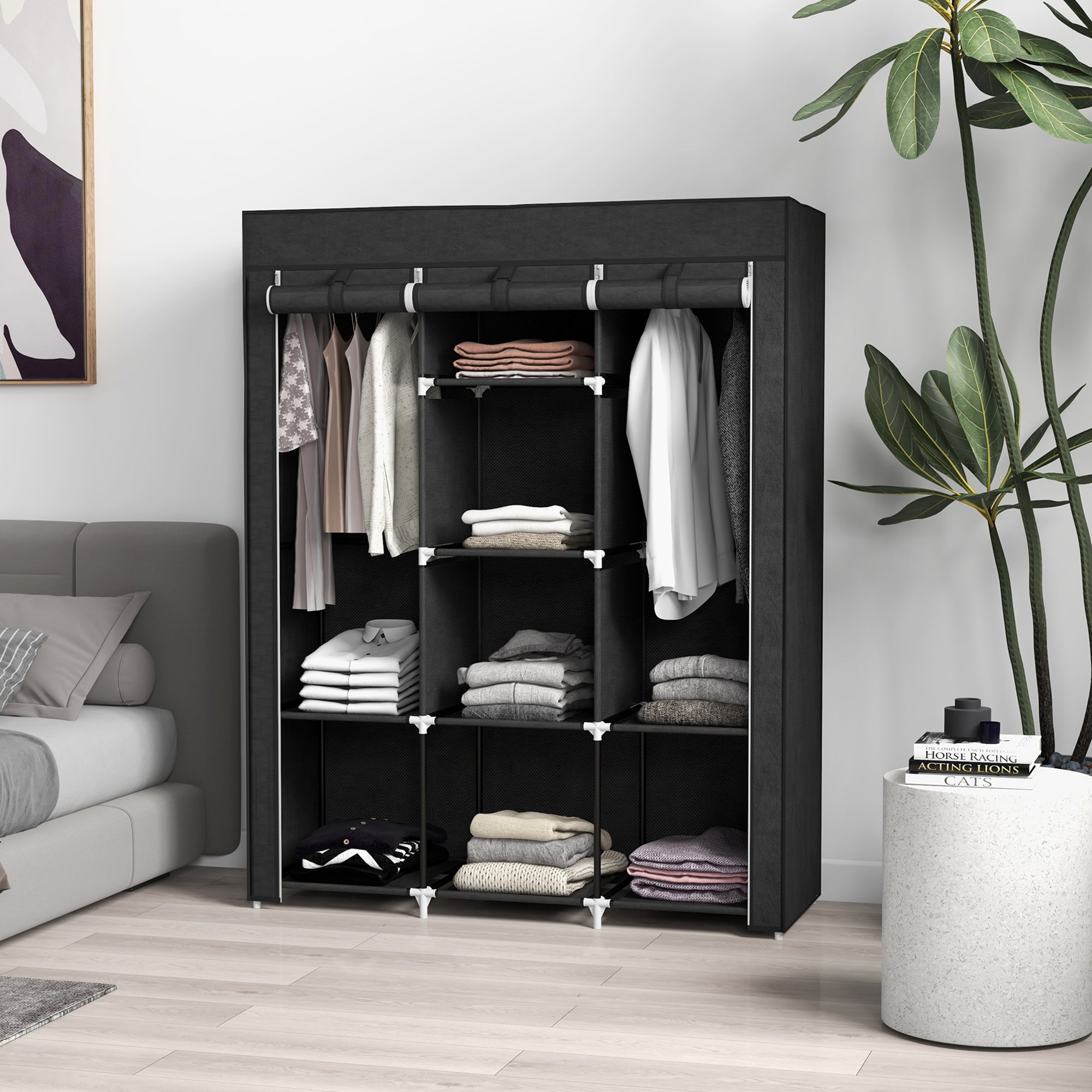 HOMCOM Fabric Wardrobe, Portable Wardrobe, Clothes Storage Unit with 8 Shelves, 2 Hanging Rods, 125 x 43 x 162.5 cm, Black 