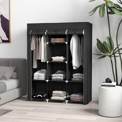 HOMCOM Fabric Wardrobe, Portable Wardrobe, Clothes Storage Unit with 8 Shelves, 2 Hanging Rods, 125 x 43 x 162.5 cm, Black 