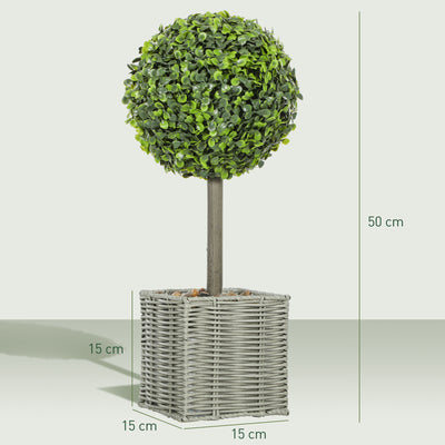 HOMCOM Set of 2 Decorative Artificial Plants, 50cm Faux Boxwood Topiary Balls with Woven Plastic Pot and Pebbles, Fake Plants for Home or Office Decor, Green 