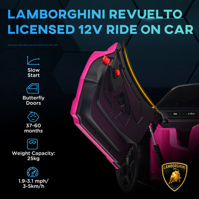 AIYAPLAY Lamborghini Revuelto Licensed 12V Ride on Car w/ Butterfly Doors, Transport Wheels, Suspension, Remote Control, Pink 