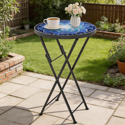 Outsunny Mosaic Outdoor Garden Table, 35.5cm Round Folding Coffee Table with Metal Frame for Balcony Terrace, Navy Blue 