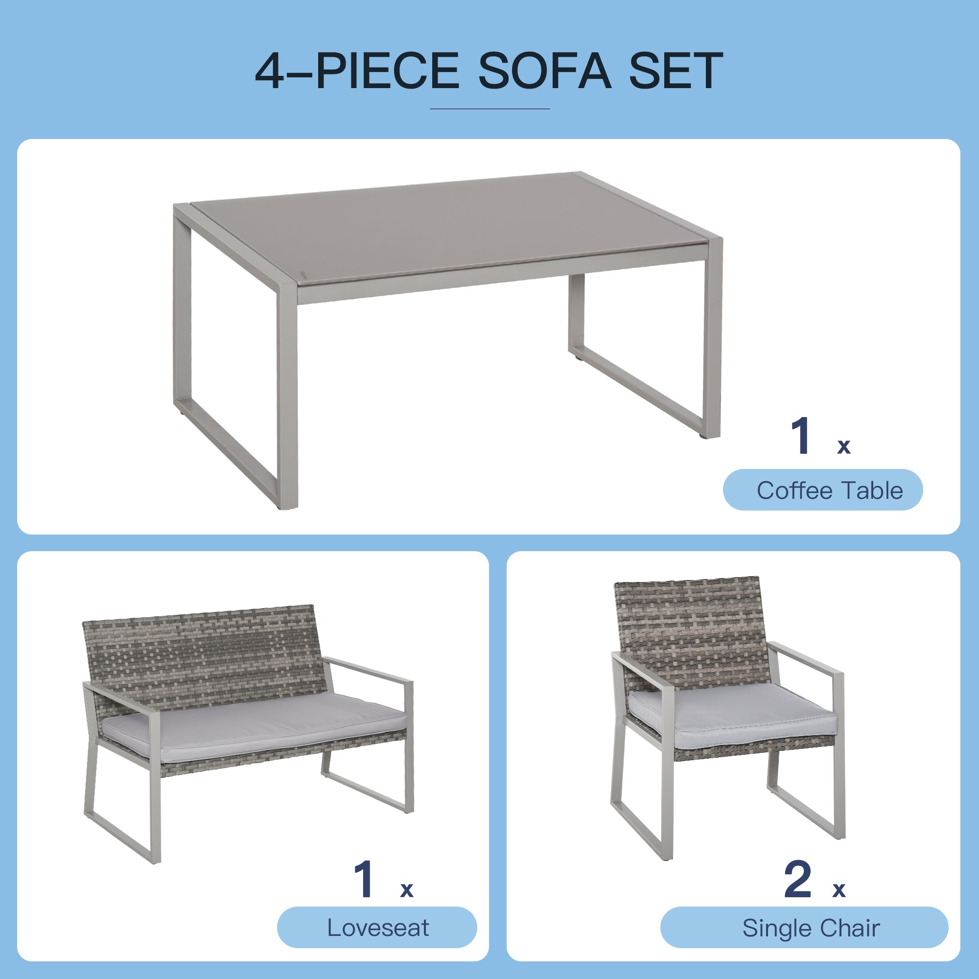 Outsunny 4PC Rattan Garden Furniture Set 2 Single Sofa Arm Chairs 1 Bench with Cushions & Coffee Table Patio Backyard Wicker Weave 