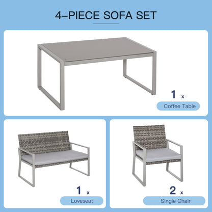 Outsunny 4PC Rattan Garden Furniture Set 2 Single Sofa Arm Chairs 1 Bench with Cushions & Coffee Table Patio Backyard Wicker Weave 