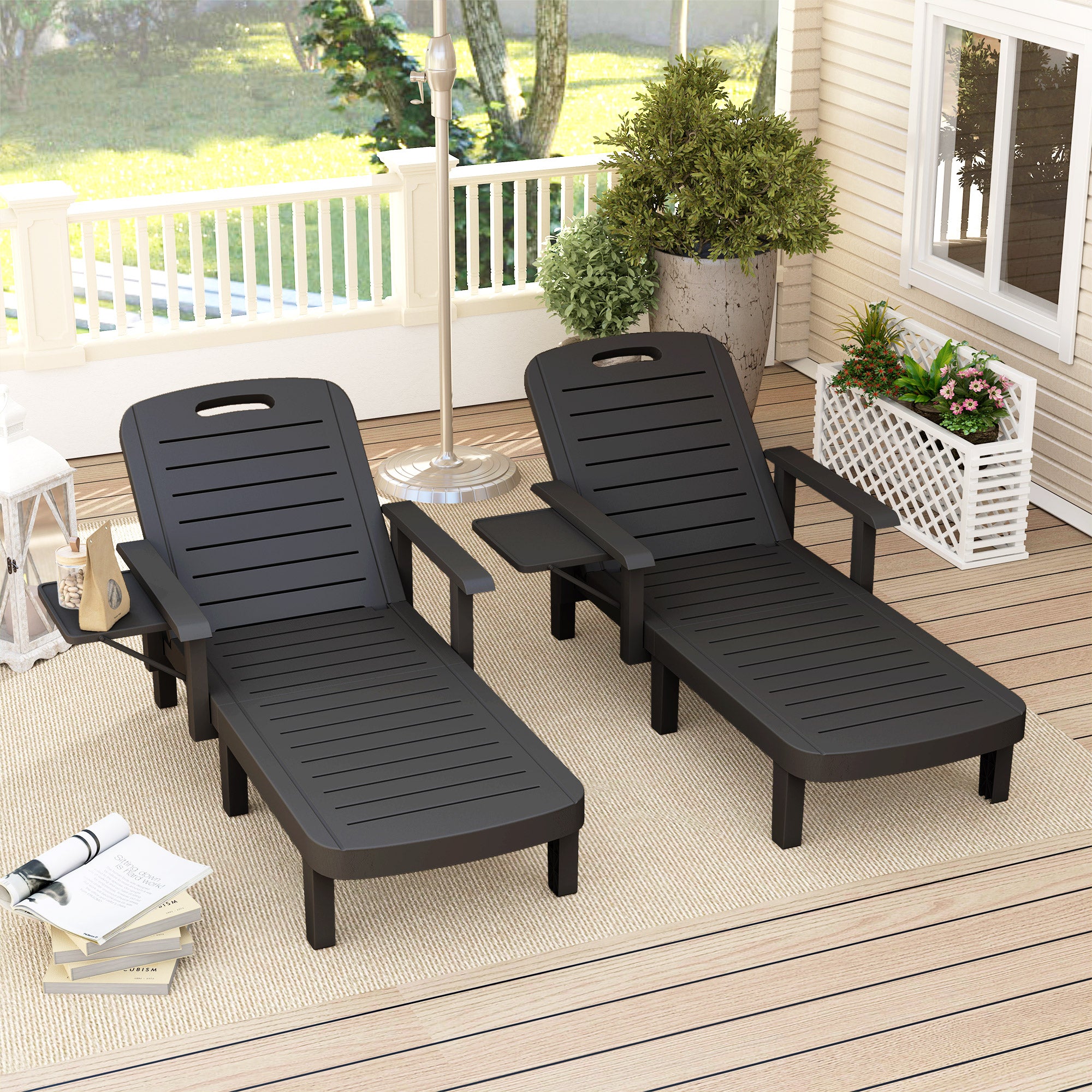 Outsunny Set of 2 Reclining Sun Loungers, 5 Positions Adjustable Outdoor Chaise Lounge Chair with Armrests, Black 