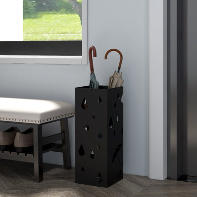 HOMCOM Steel Umbrella Stand, Square Umbrella Holder with 4 Hooks and Removable Drip Tray, Hollowed Umbrella Basket for Hallway, Black 