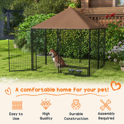 PawHut Outdoor Dog Kennel Puppy Play Pen with Canopy Garden Playpen Fence Crate Enclosure Cage Rotating Bowl 141 x 141 x 151 cm 