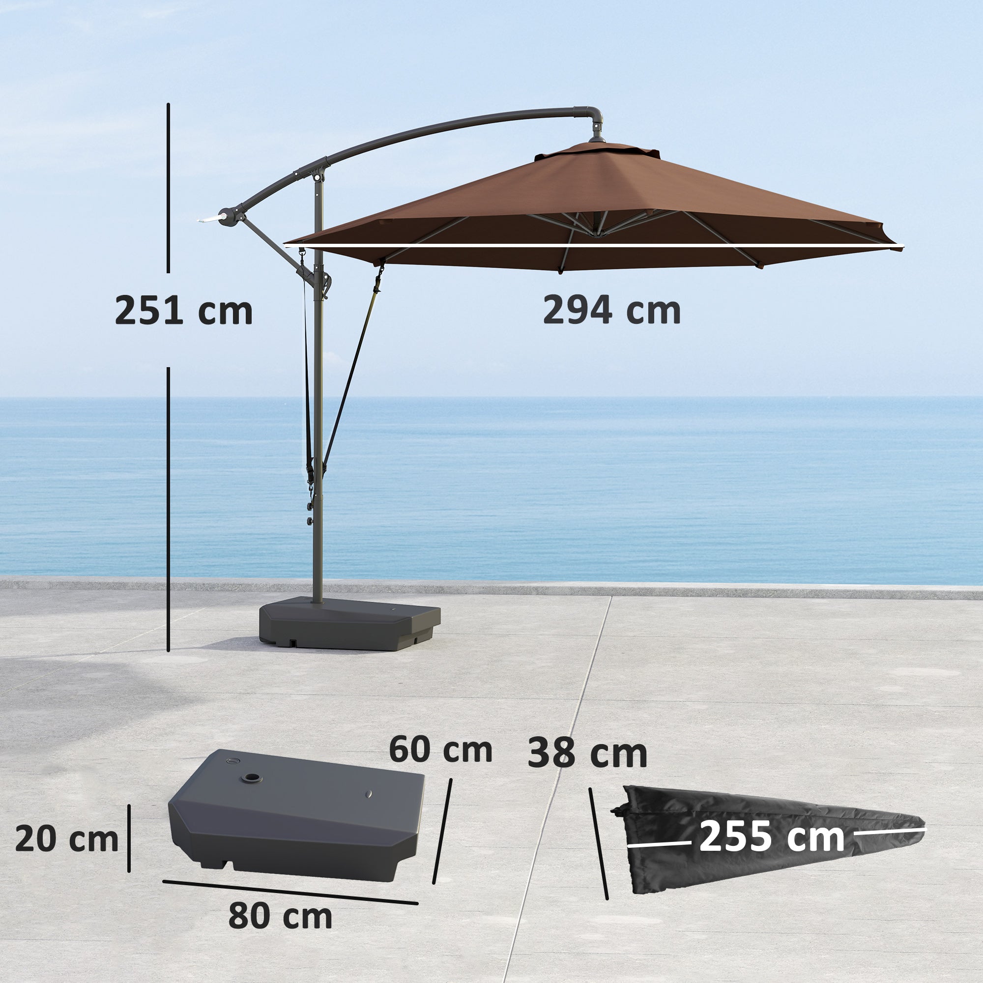Outsunny 3(m) Garden Cantilever Parasol with Fillable Base, Wind Protection Strap, Cover, Round Banana Hanging Umbrella with Crank Handle and Tilt, Patio Umbrella for Outdoor Sun Shade, UPF50+, Brown 