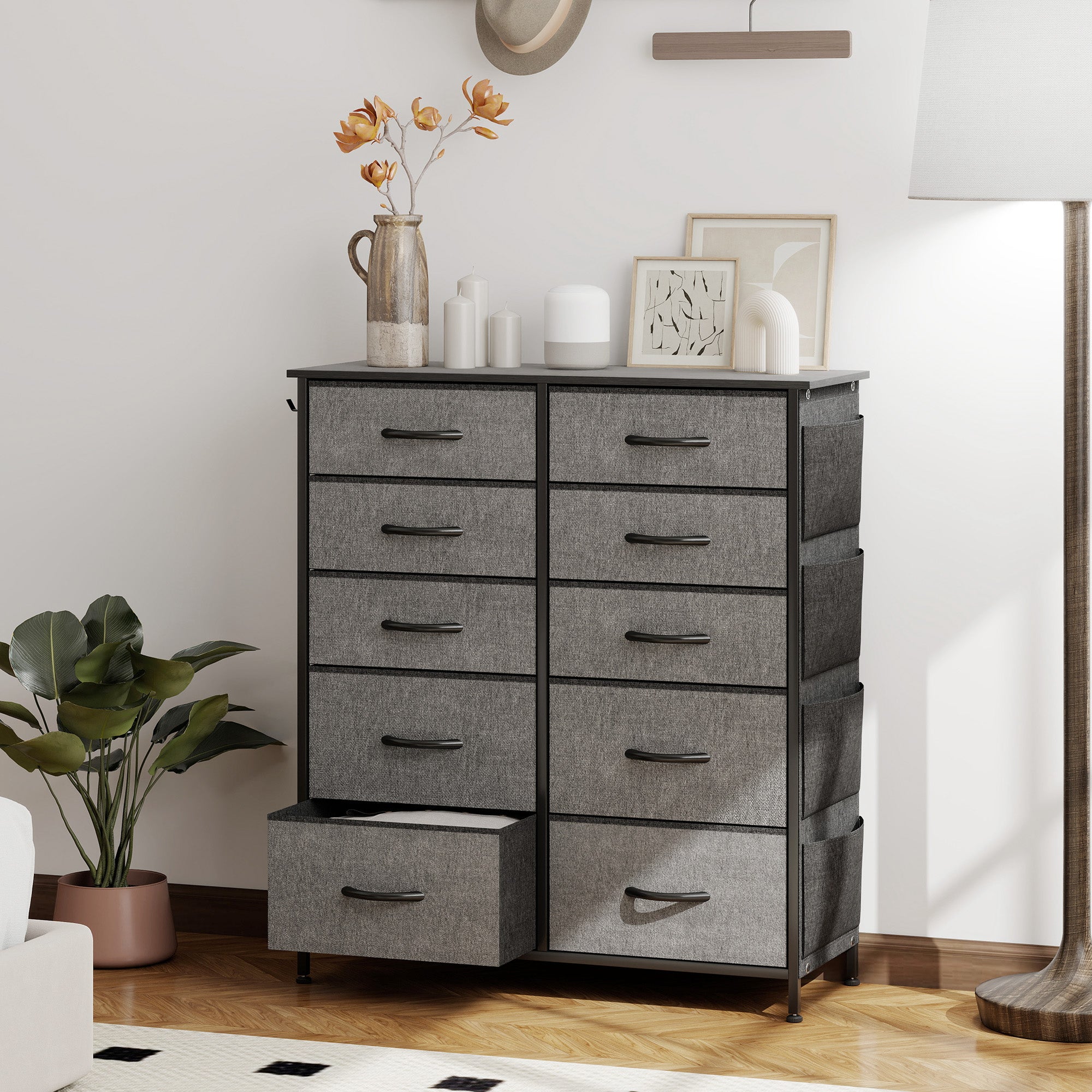 HOMCOM Chest of Ten Fabric Drawers - Charcoal Grey