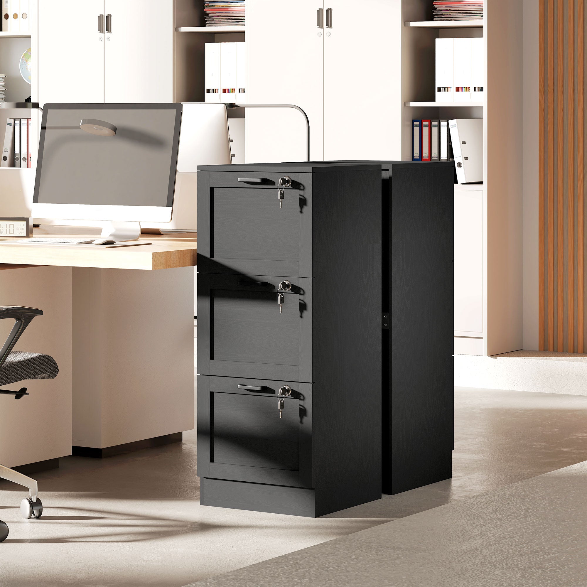 HOMCOM 3-Drawer Filing Cabinet with Lock - Black 