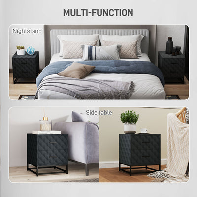 HOMCOM Bedside Tables Set of 2, Modern Bedside Table Nightstand with 2 Drawers, Bedside Cabinet Sofa Side Table with Storage, Steel Legs for Bedroom, Living Room, Black 