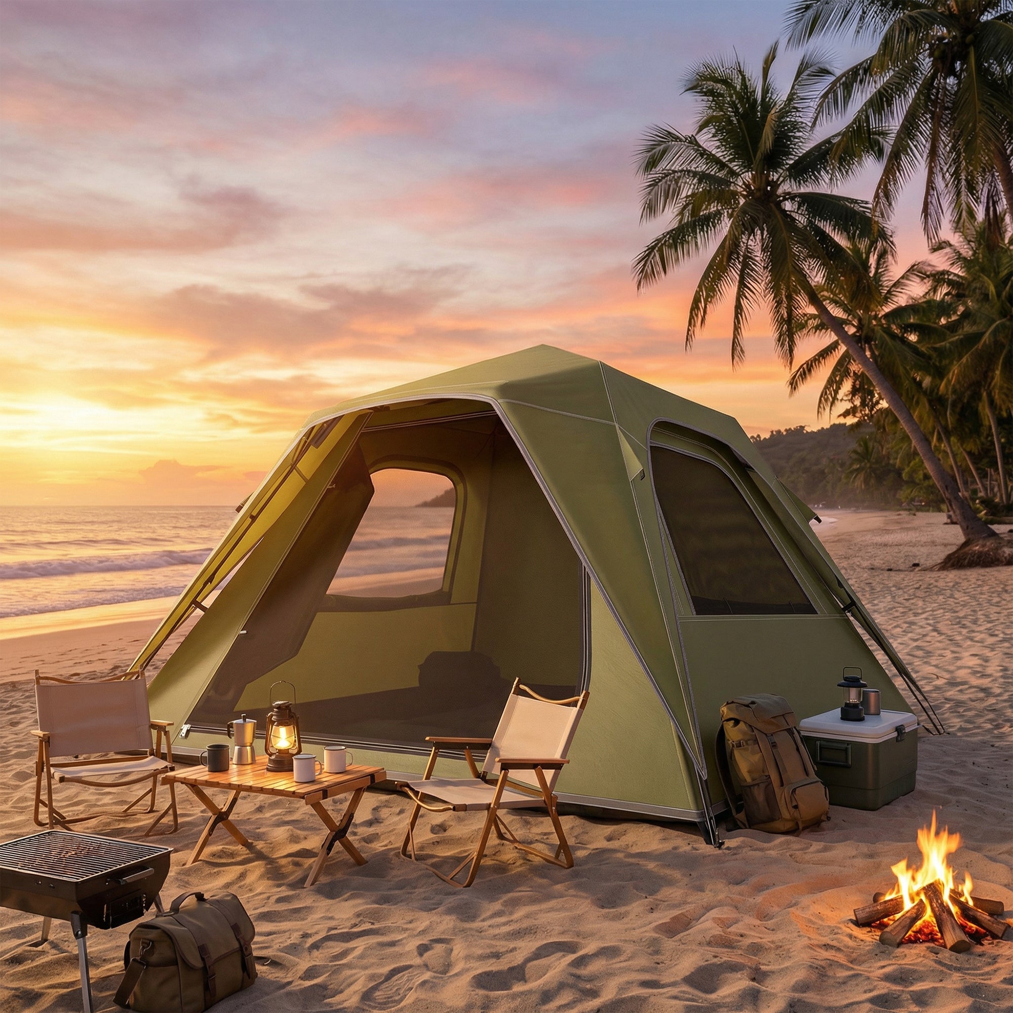 Outsunny Pop Up Tent 3000mm Waterproof Camping Tents with Mesh Windows 2-3 People Green 