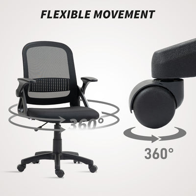 HOMCOM Breathable Mesh Office Chair, Ergonomic Swivel Computer Chair with Flip-up Armrests, Lumbar Back Support for Home/Office, Black 