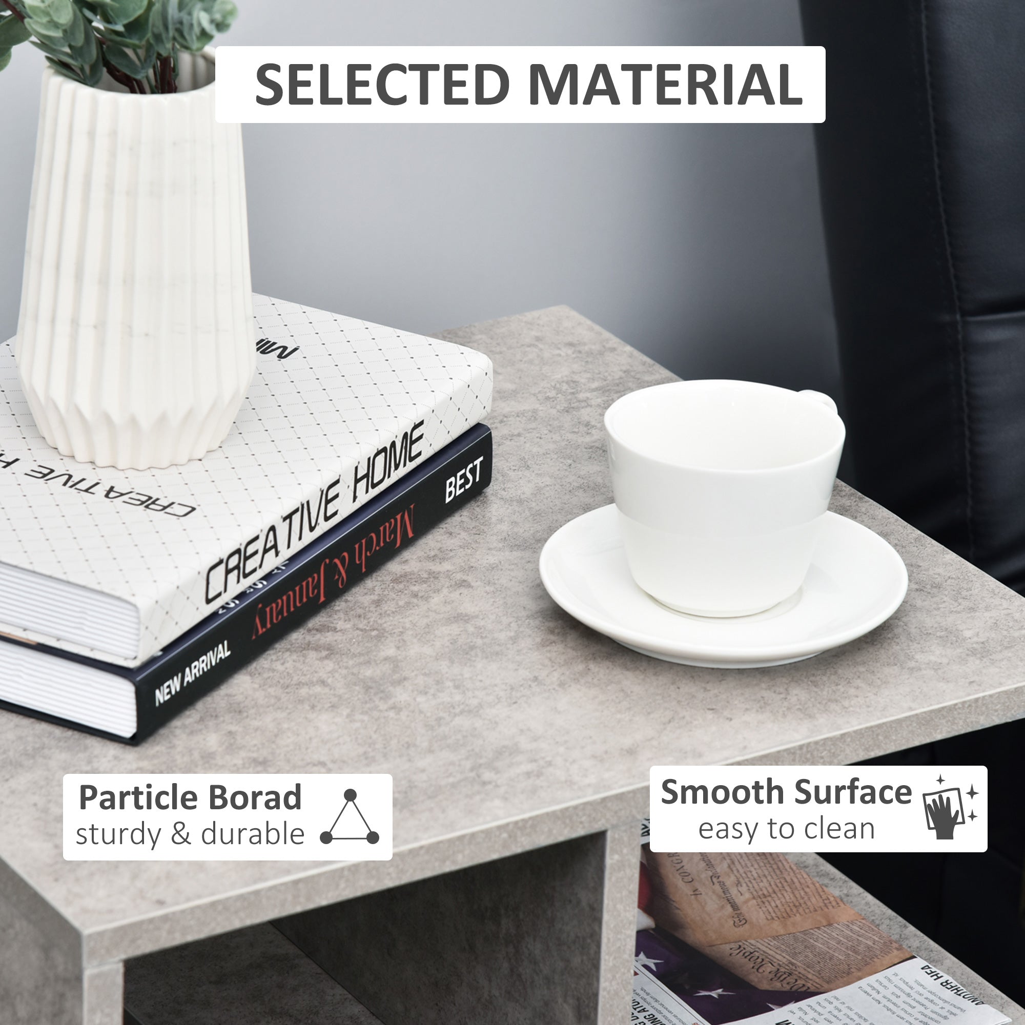 HOMCOM Side Table, 3 Tier End Table with Open Storage Shelves for Living Room, Bedroom, Cement Colour 