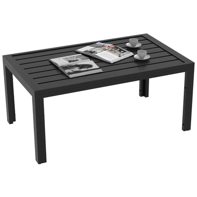 Outsunny Outdoor Side Table, Rectangular Patio Coffee Side Table with Steel Frame and Slat Tabletop for Garden, Balcony, Black 