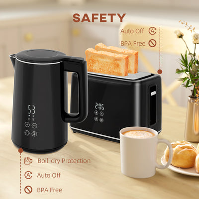 HOMCOM Kettle and Toaster Set, 1.5L 3000W Fast Boil Kettle with Insulation & 2 Slice Toaster Kitchen Set with 7 Level Browning Controls, Defrost, Reheat and Crumb Tray, Black 