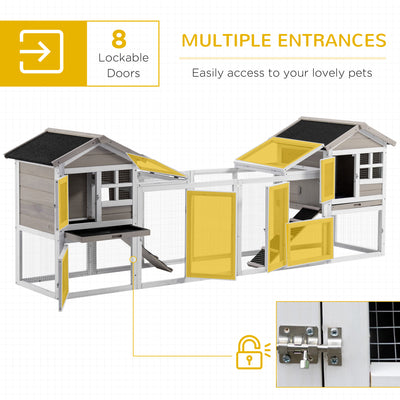 PawHut 2 in 1 Rabbit Hutch Outdoor Guinea Pig Hutch Bunny Run Double Main House with Run, No-Leak Tray 259 x 64 x 92cm, Grey 