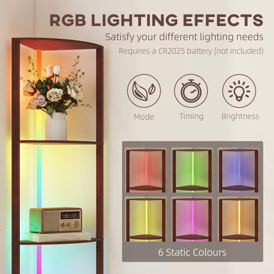HOMCOM RGB LED Floor Lamp with Shelves, 5-Tier Dimmable Standing Lamp with Adjustable Brightness and Remote Control, Modern Corner Display Shelf Unit for Living Room Bedroom Office, Brown 