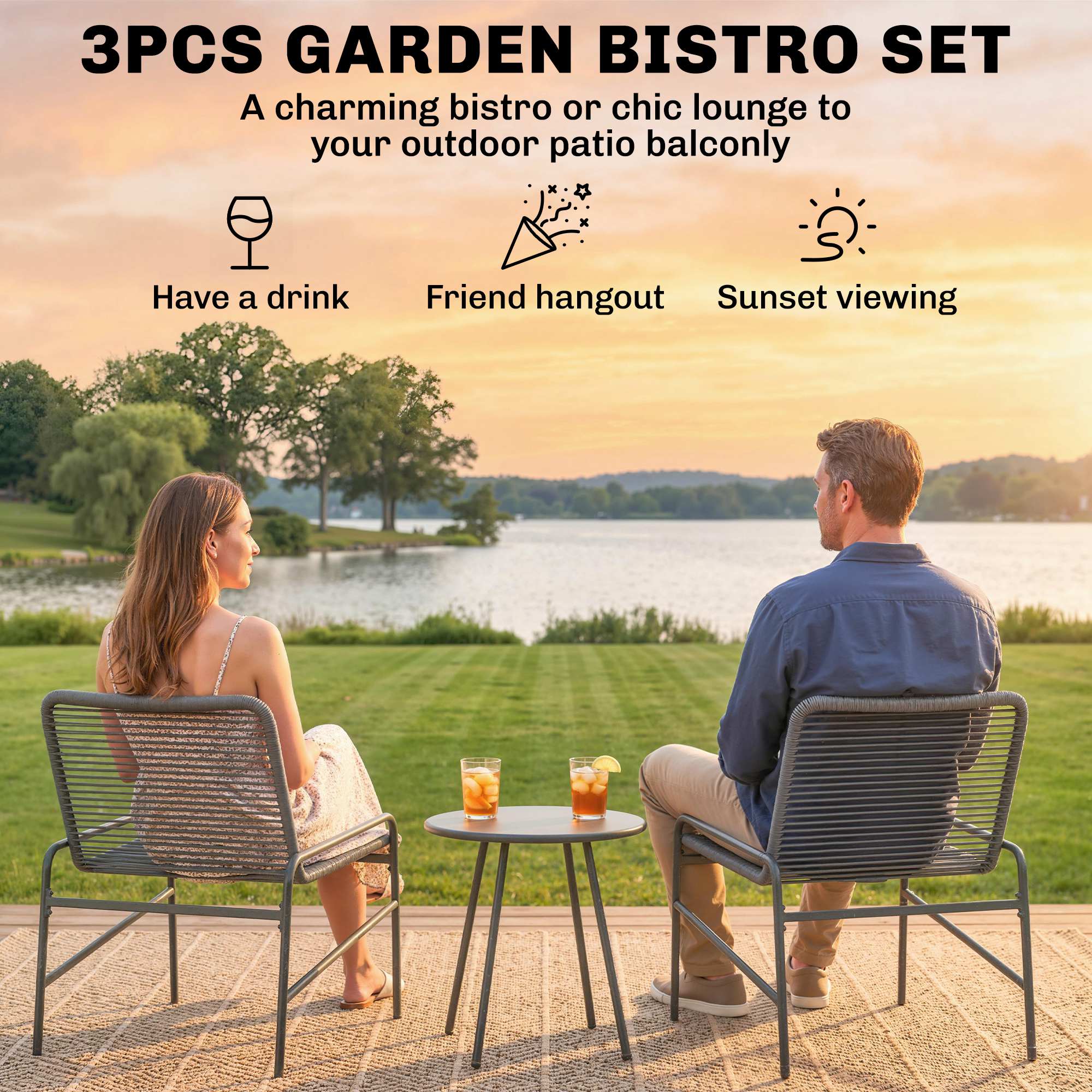 Outsunny 3 Piece Rattan Bistro Set, Outdoor Garden Furniture Set with 2 Chairs, Round Coffee Table for Patio, Balcony, Dark Grey 