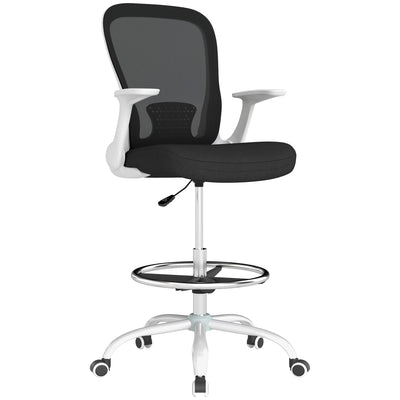 HOMCOM Draughtsman Chair, Mesh Drafting Chair, Ergonomic Office Chair with Flip-up Armrest, Adjustable Foot Ring, Black White 