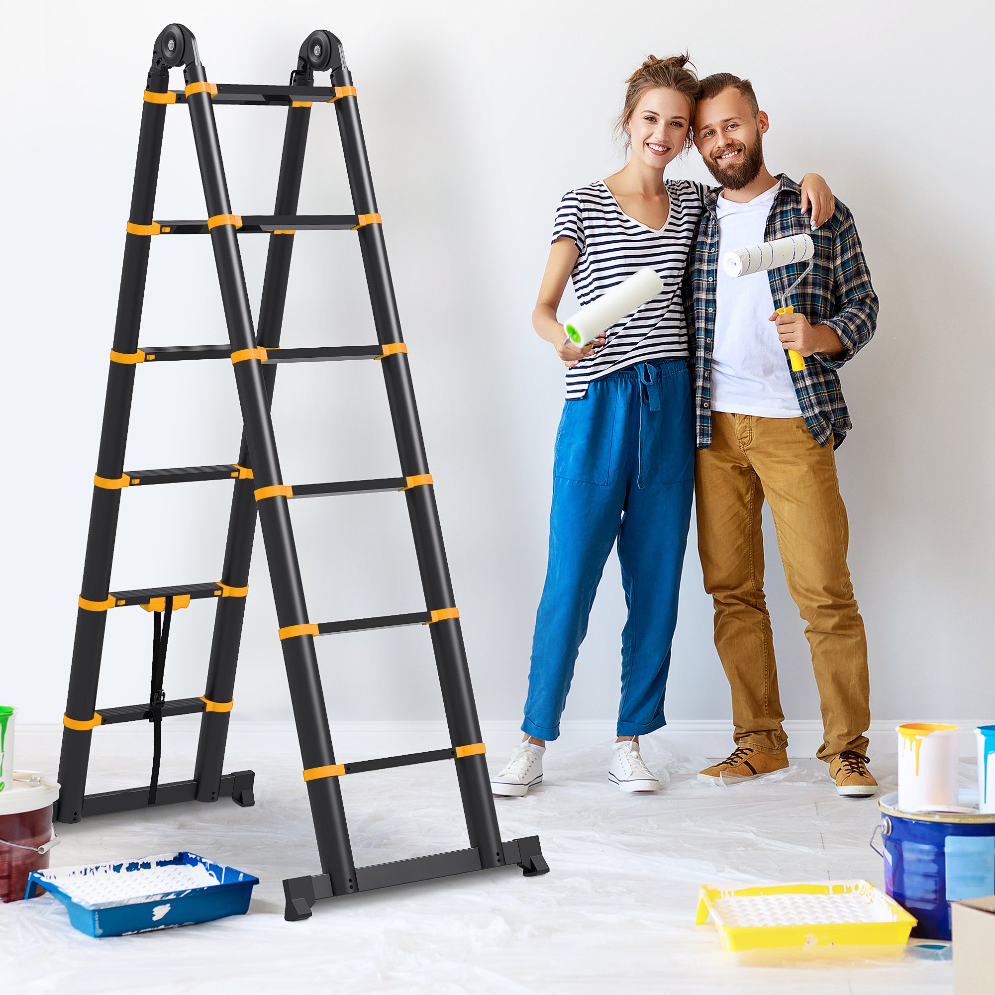 HOMCOM 3.8m Duo Aluminium Ladder w/ Tool Holder - Yellow 