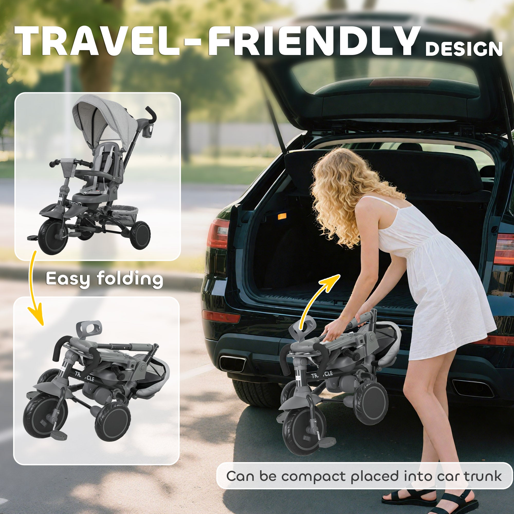 AIYAPLAY 6 in 1 Foldable Kids Trike with Adjustable Parent Handle & Canopy for Ages 1-5, Grey