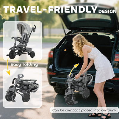 AIYAPLAY 6 in 1 Foldable Kids Trike with Adjustable Parent Handle & Canopy for Ages 1-5, Grey 