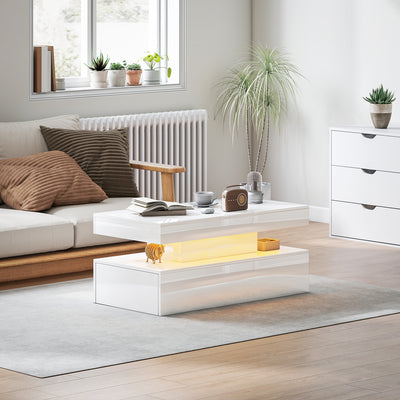 HOMCOM LED Coffee Table with Storage - High Gloss White 