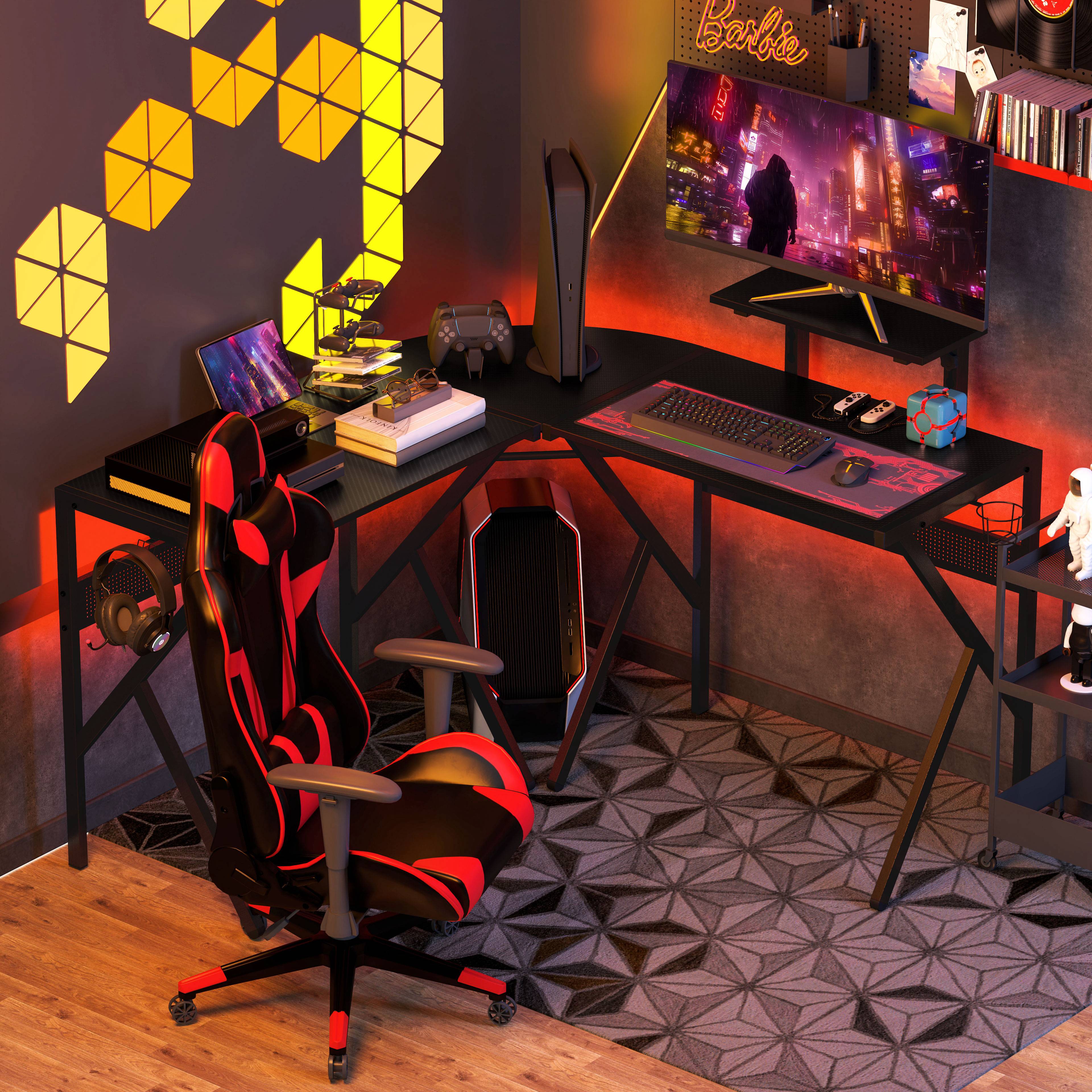 HOMCOM Gaming Desk L-Shaped Corner Computer Table for Home Office PC Workstations with Adjustable Monitor Stand Cup Holder Headphone Hook 125x125x75cm, Black 