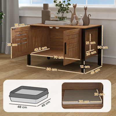 PawHut Cat Litter Box Enclosure with Tall Legs, Scratching Board, Double Doors, Ventilation Holes, 80 x 45 x 50 cm, Dark Brown 