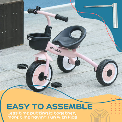 AIYAPLAY Kids Trike, Tricycle, with Adjustable Seat, Basket, Bell, for Ages 2-5 Years - Pink 