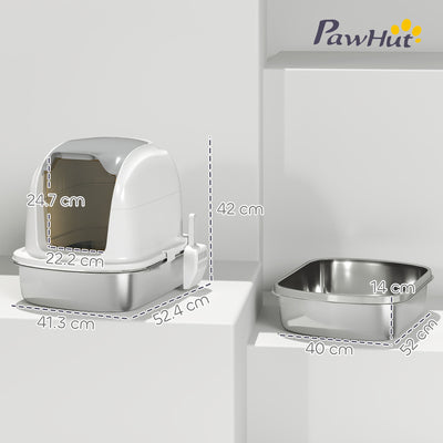 PawHut Stainless Steel Cat Litter Box with Lid, for Cats, Enclosed Cat Litter Box with Flip Cover, Scoop 