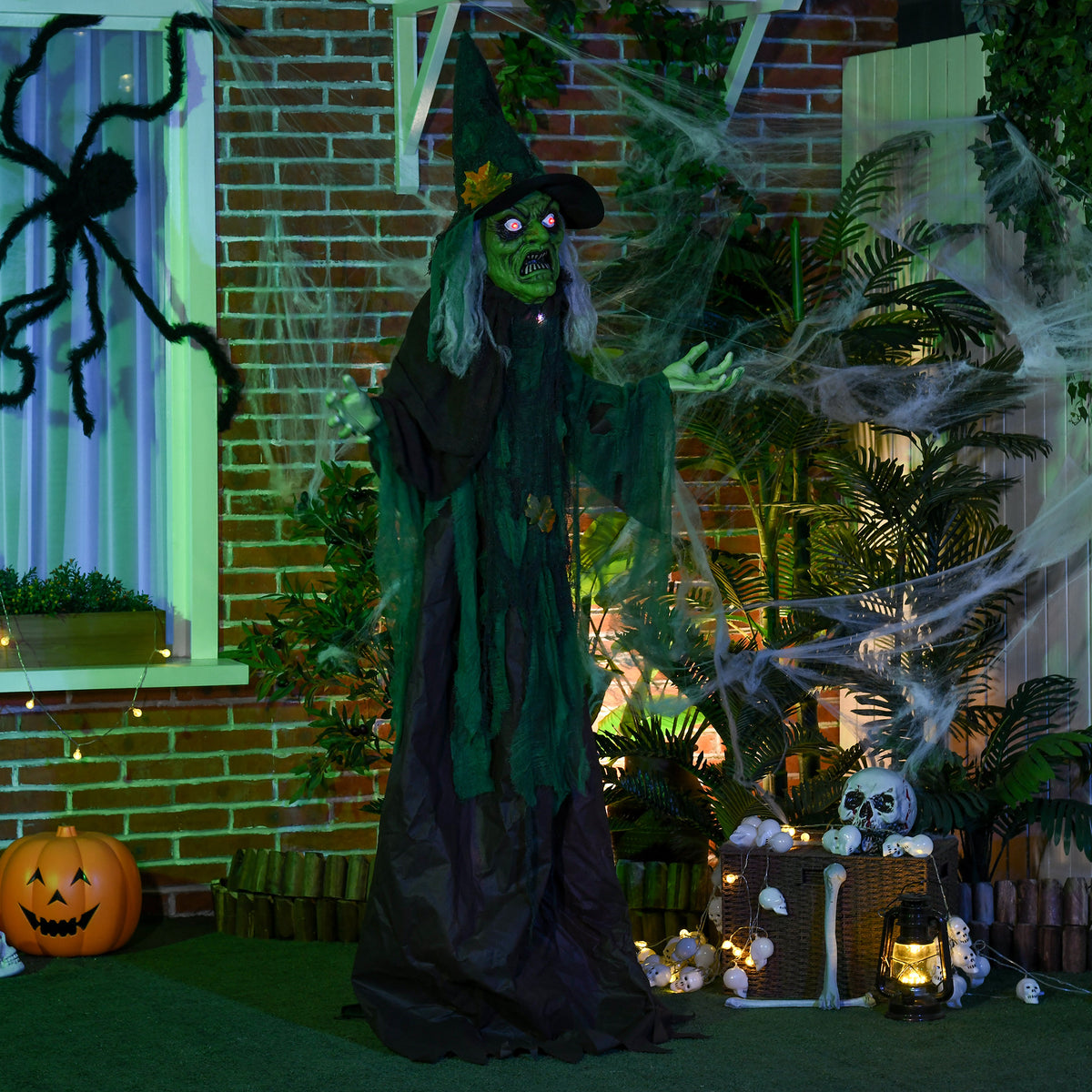 HOMCOM 6ft Halloween Witch Decoration, Outdoor Activated Prop with Light Up Eyes Magical Heart, Sound Activated 
