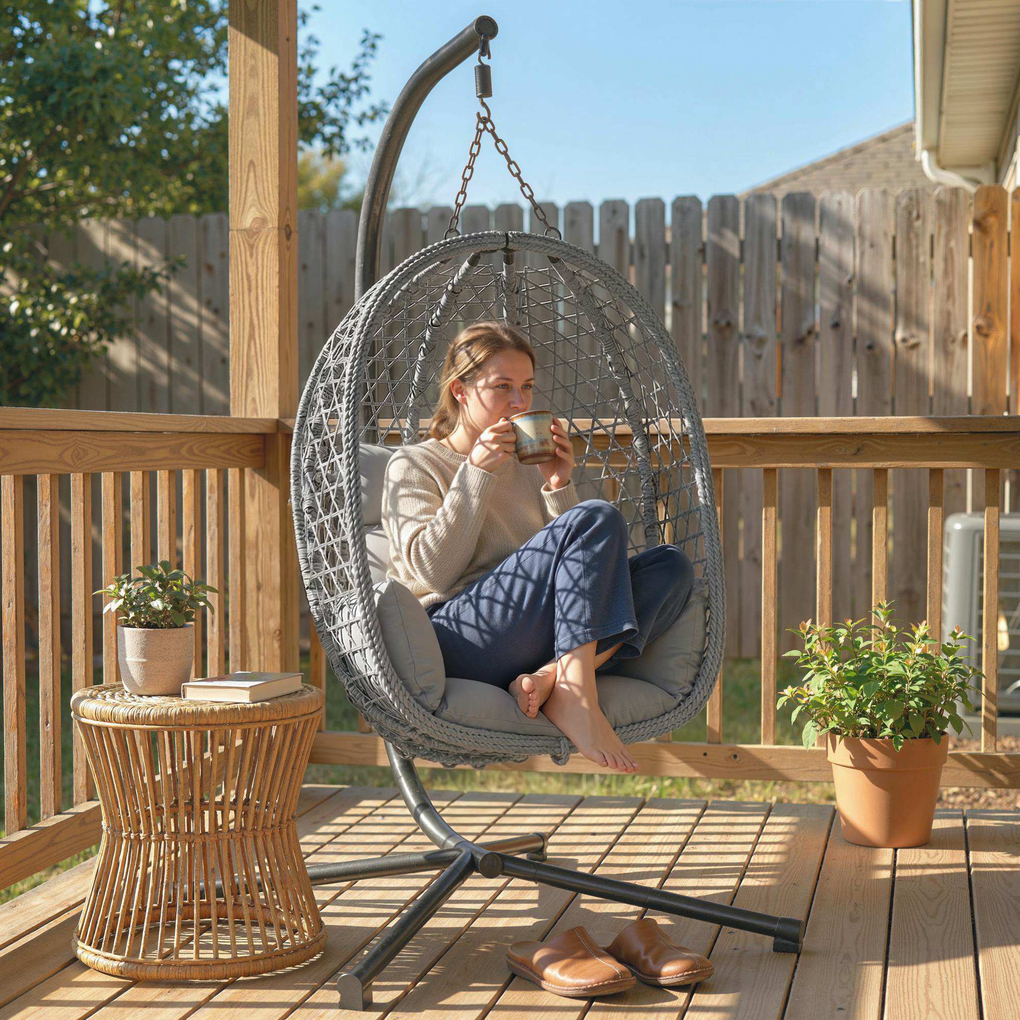 Outsunny Hanging Egg Chair, Indoor Outdoor Rattan Hammock Swing Chair with Stand, Safety Strap, Foldable Basket, Dark Grey 