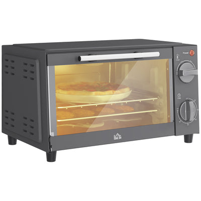 HOMCOM Mini Oven, 9L Countertop Electric Grill, Toaster Oven with Adjustable Temperature, Timer, Dishwasher Safe Baking Tray and Wire Rack, 750W, Grey 