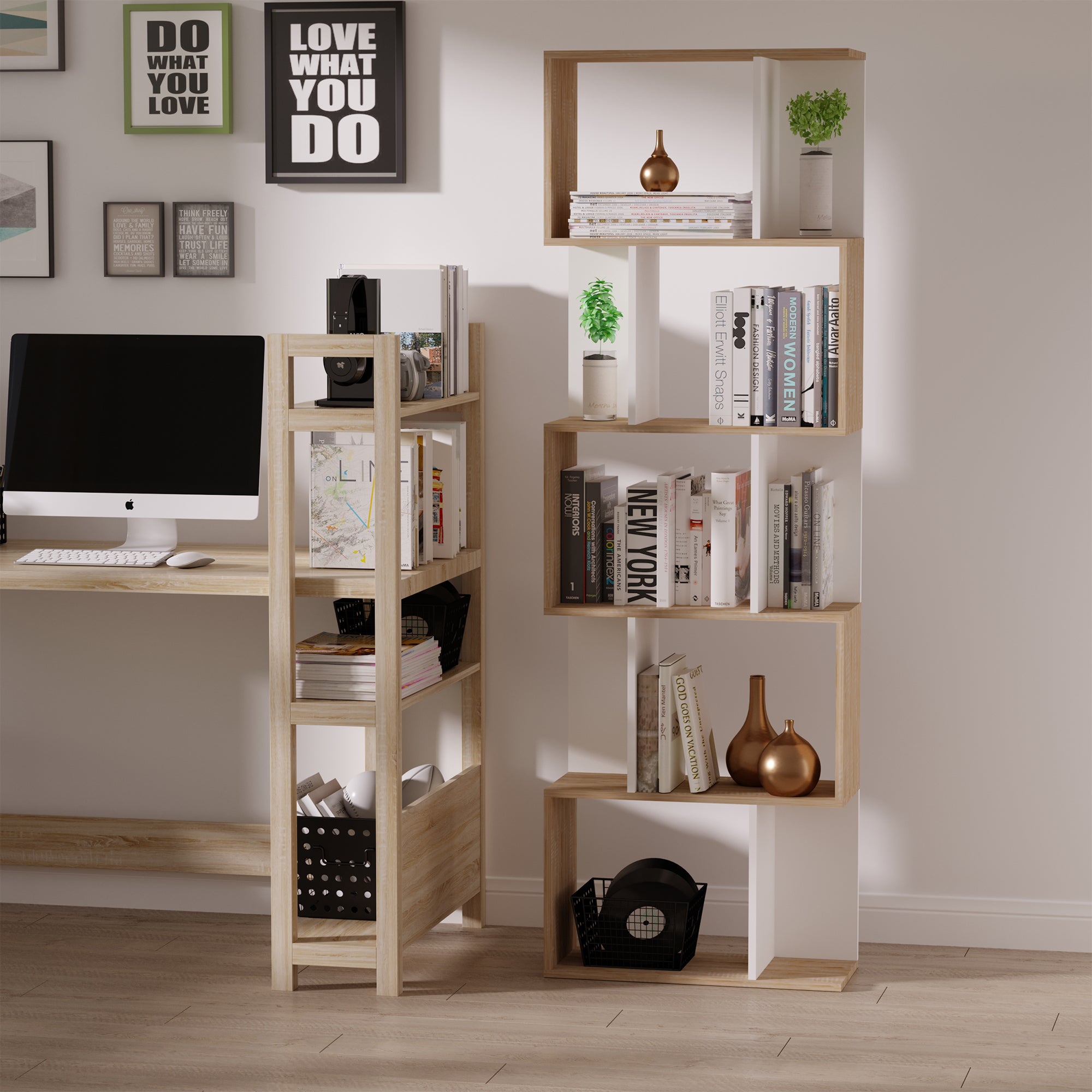HOMCOM 5-tier Bookcase Storage Display Shelving S Shape design Unit Divider Natural 
