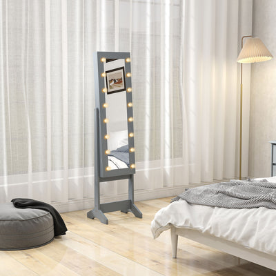HOMCOM Free Standing Mirror Jewelry Cabinet with LED Lights, Jewellery Organiser with 3 Angle Adjustable, Full-Length Mirror with Storage for Earrings, Necklaces, Rings and Lipsticks, Grey 