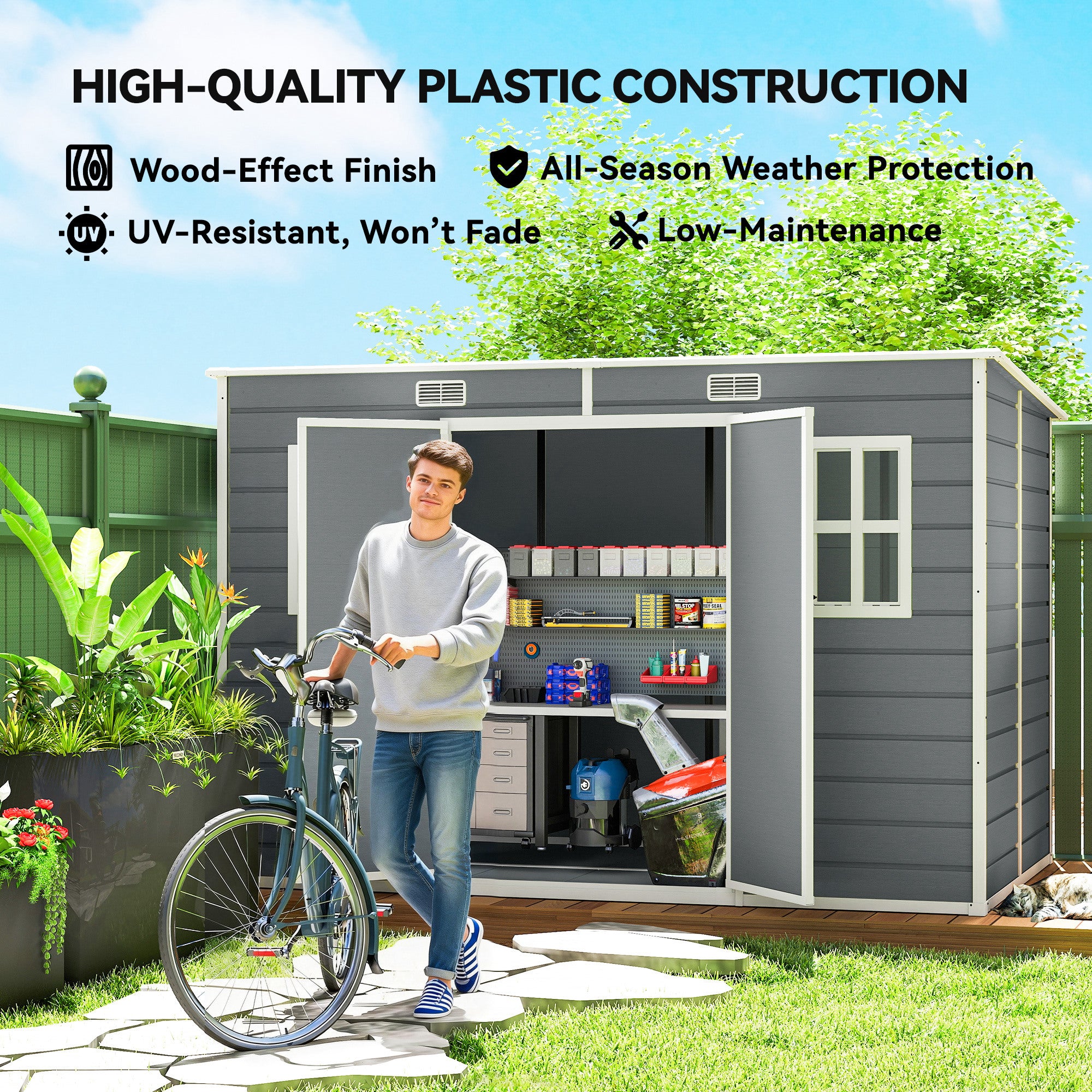 Outsunny 10 x 6 ft Resin Garden Shed, Outdoor Storage Shed with Floor, Windows, Lockable Doors and Vents, Grey 
