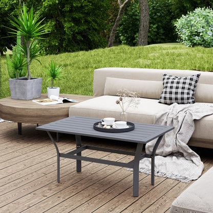 Outsunny Metal Garden Coffee Table, Rectangular Outdoor Side Table with Slatted Tabletop, Foot Pads for Outside, Garden, Balcony, Porch, 91.5 x 55 x 45cm, Dark Grey 