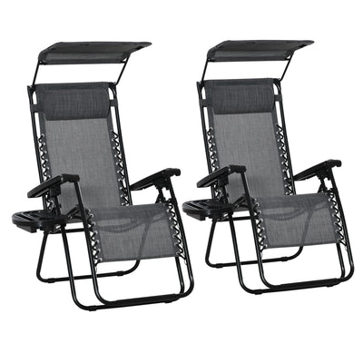 Outsunny 2 Piece Foldable Reclining Garden Chair with Headrest, Zero Gravity Deck Sun Lounger Seat Chair with Footrest, Armrest, Cup Holder & Canopy Shade, Light Grey 